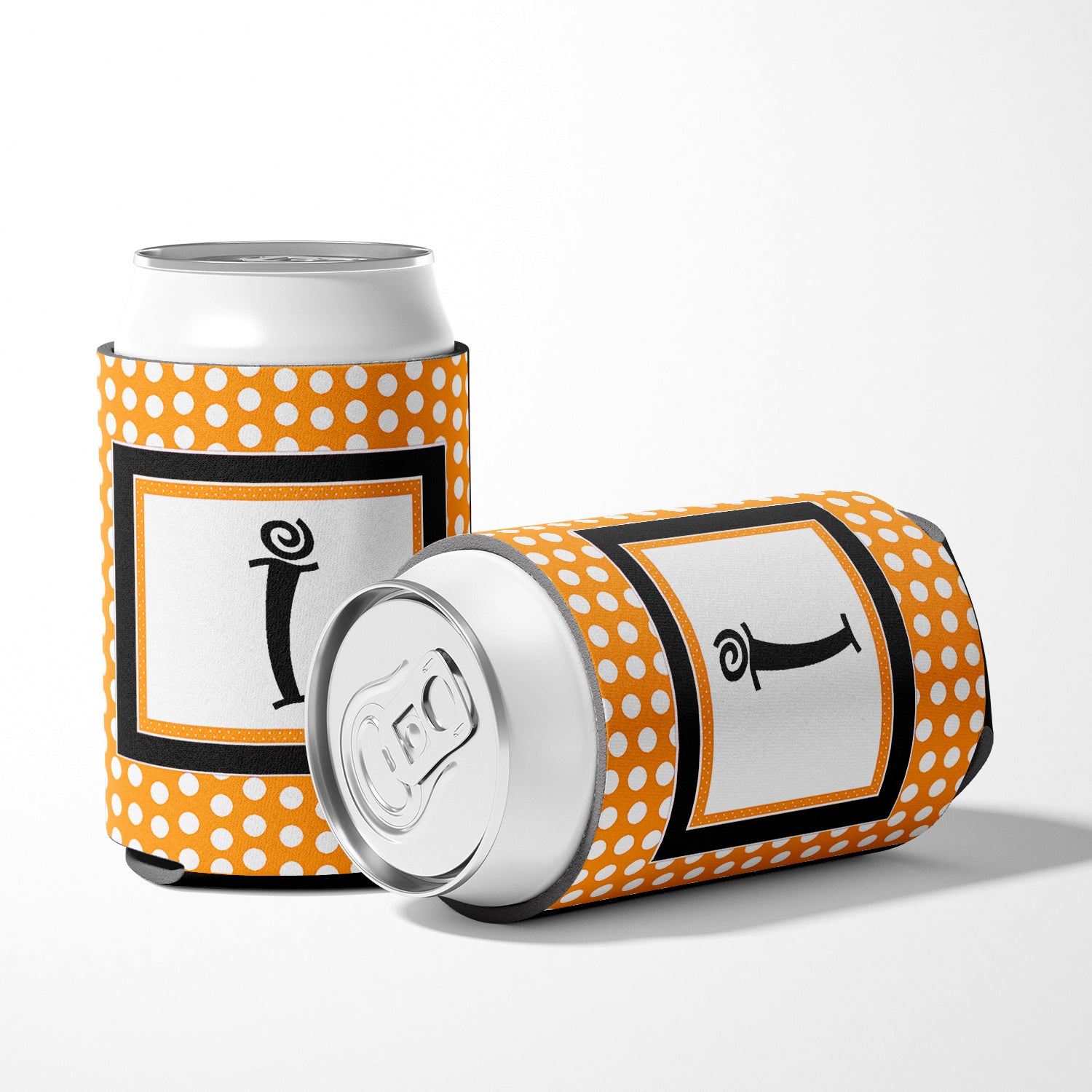 Letter I Initial Monogram - Orange Polkadots Can or Bottle Beverage Insulator Hugger.