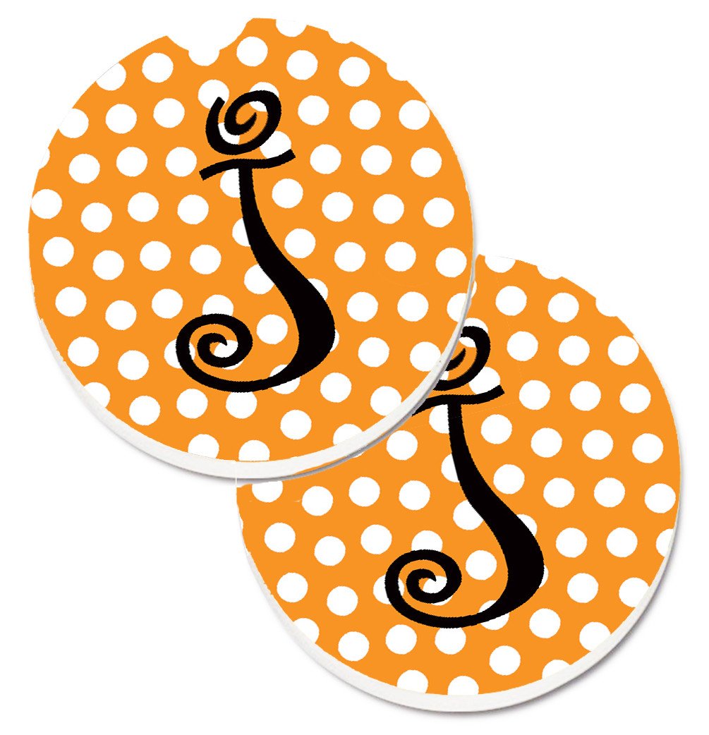 Monogram Initial J Orange Polkadots  Set of 2 Cup Holder Car Coasters CJ1033-JCARC by Caroline&#39;s Treasures