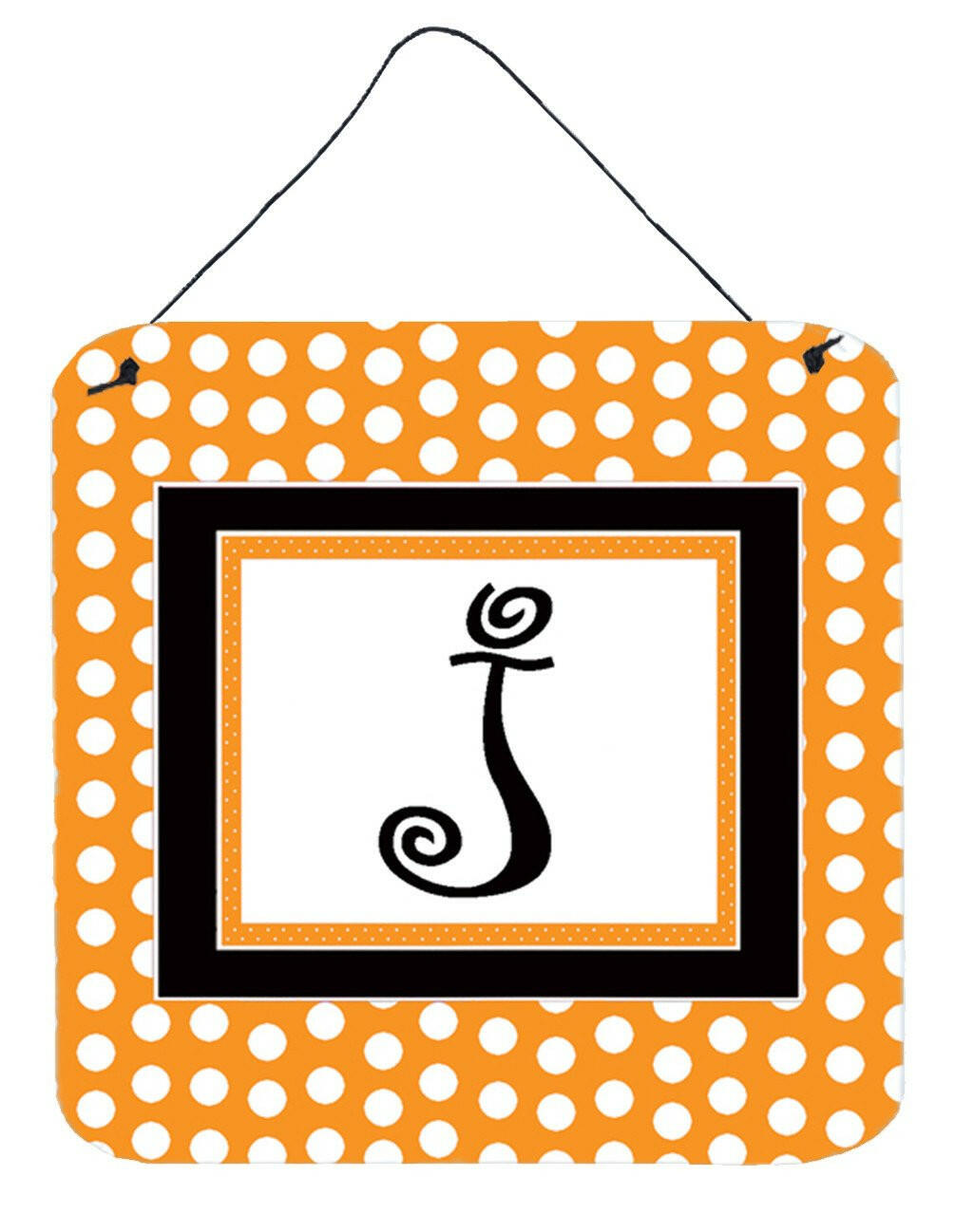 Letter J Initial Monogram - Orange Polkadots Wall or Door Hanging Prints by Caroline&#39;s Treasures
