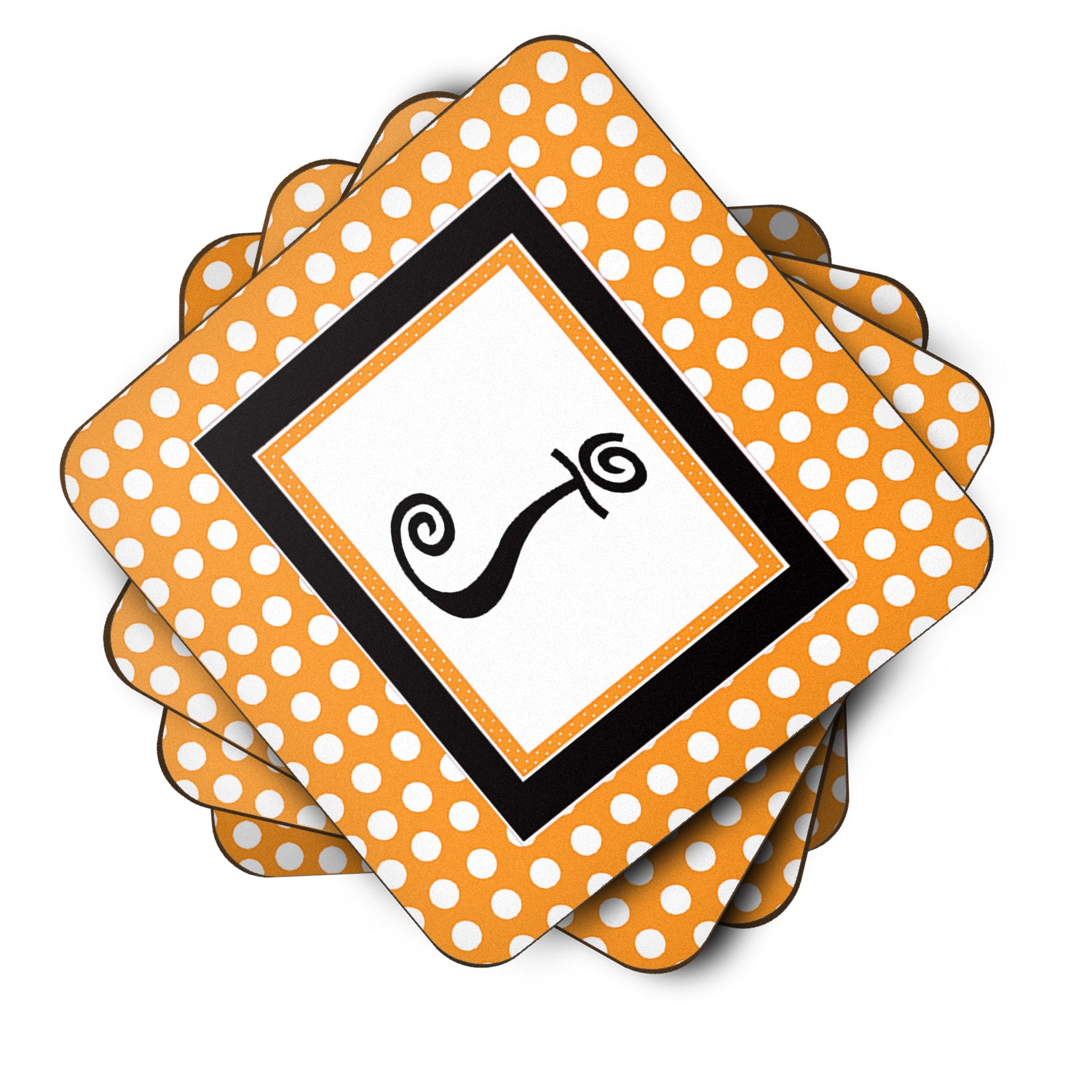 Set of 4 Monogram - Orange Polkadots Foam Coasters Initial Letter J - the-store.com
