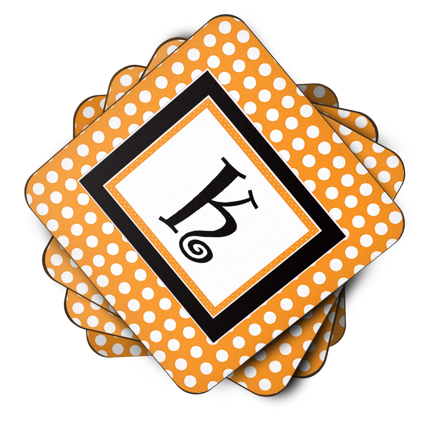Set of 4 Monogram - Orange Polkadots Foam Coasters Initial Letter K - the-store.com