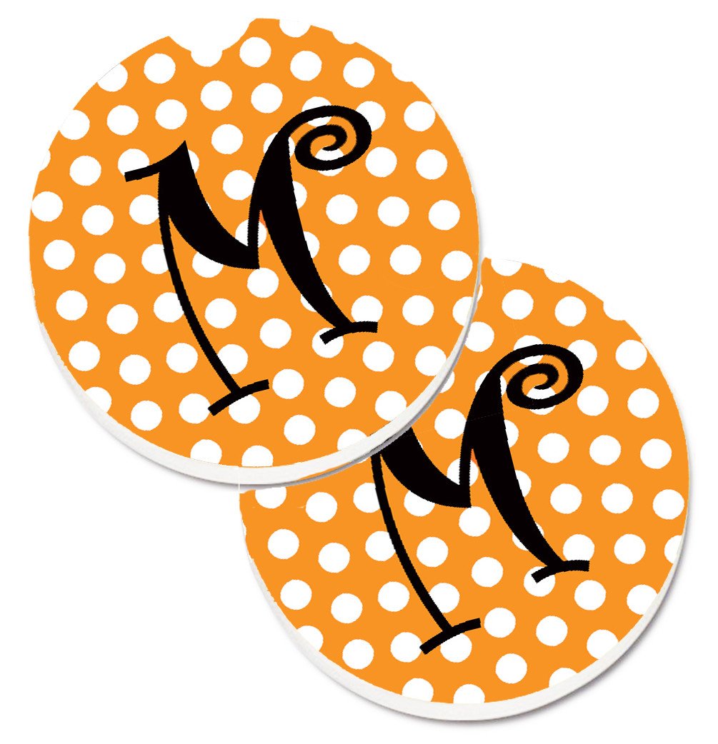 Monogram Initial M Orange Polkadots  Set of 2 Cup Holder Car Coasters CJ1033-MCARC by Caroline&#39;s Treasures