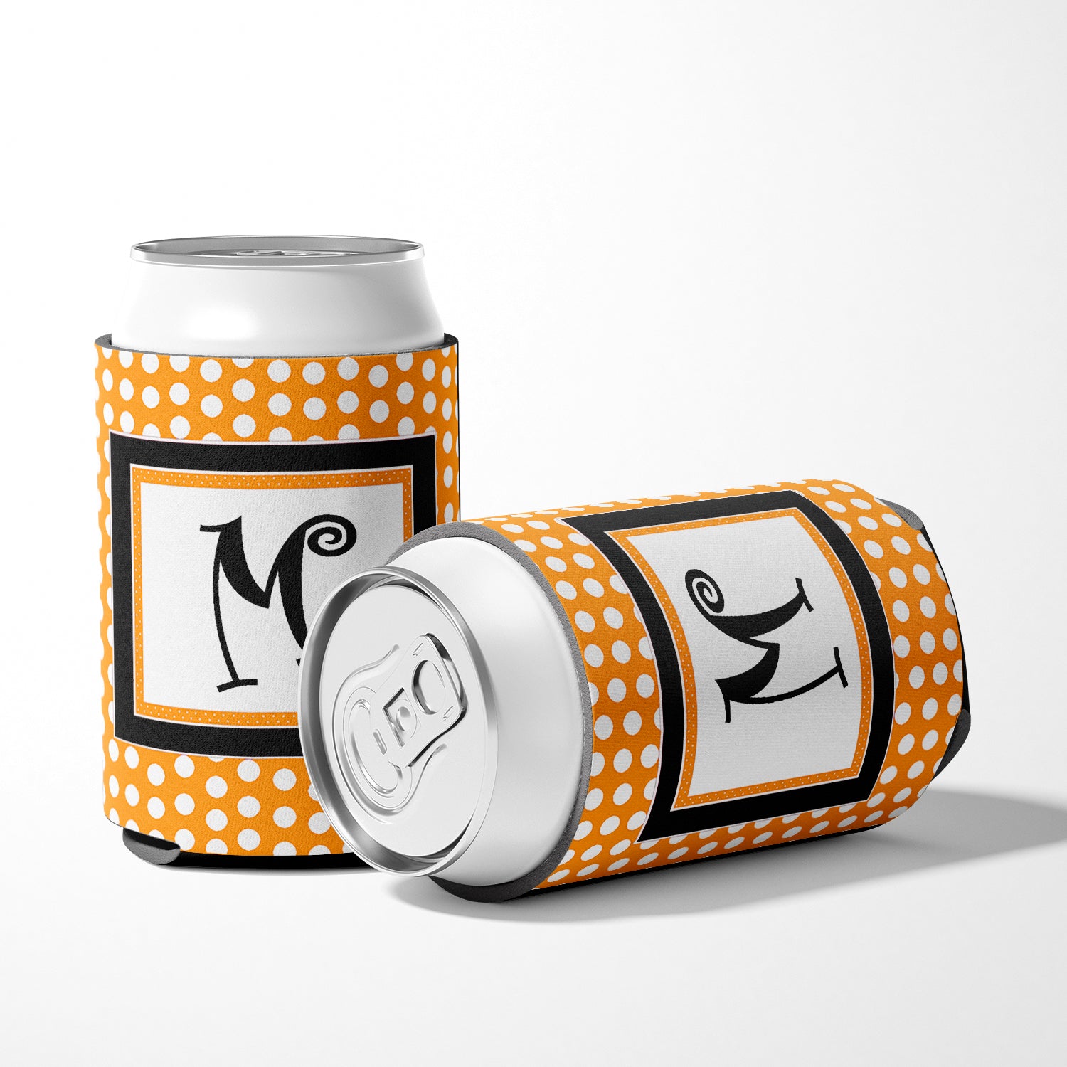 Letter M Initial Monogram - Orange Polkadots Can or Bottle Beverage Insulator Hugger.