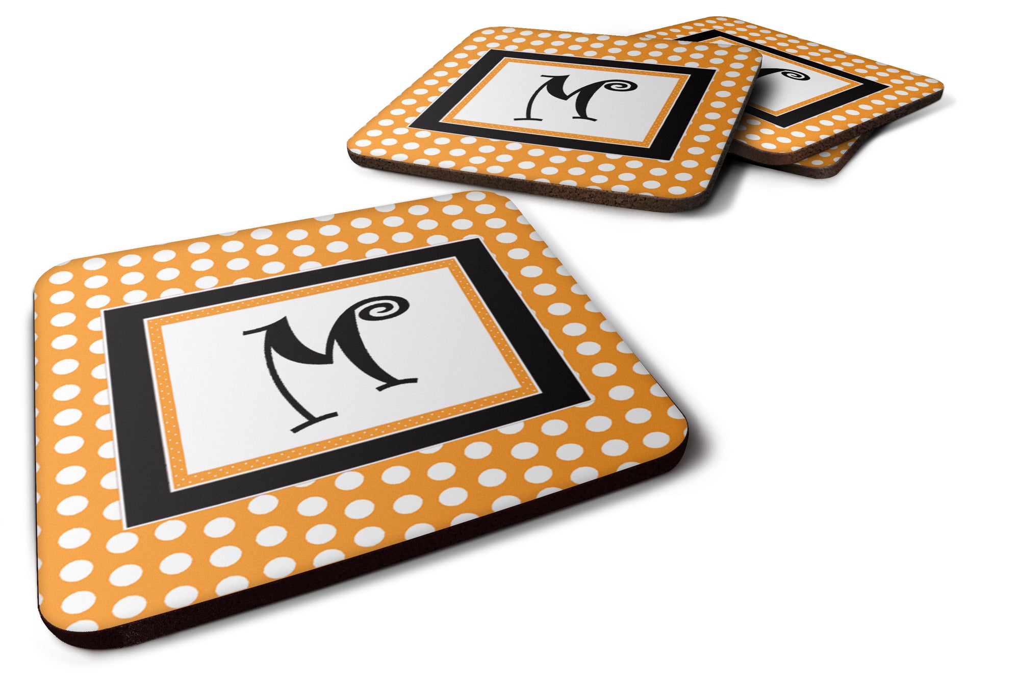 Set of 4 Monogram - Orange Polkadots Foam Coasters Initial Letter M - the-store.com