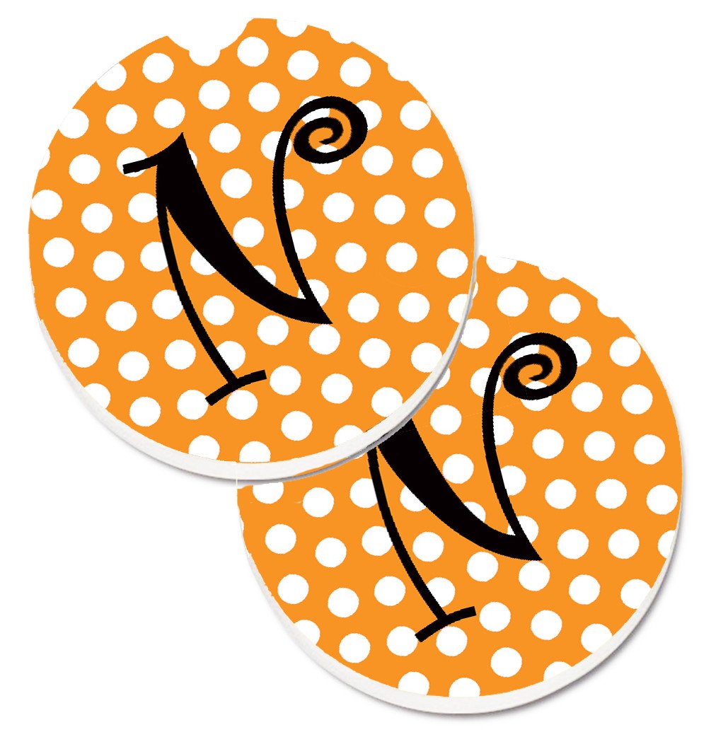 Monogram Initial N Orange Polkadots  Set of 2 Cup Holder Car Coasters CJ1033-NCARC by Caroline&#39;s Treasures