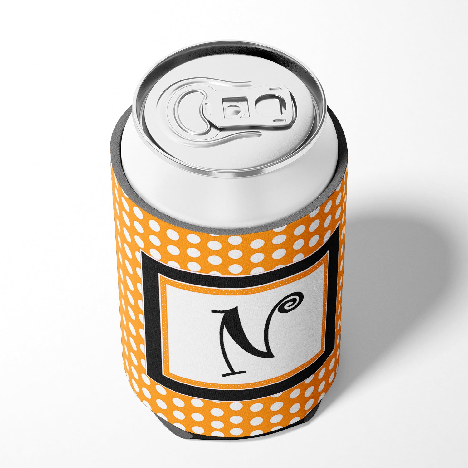 Letter N Initial Monogram - Orange Polkadots Can or Bottle Beverage Insulator Hugger.