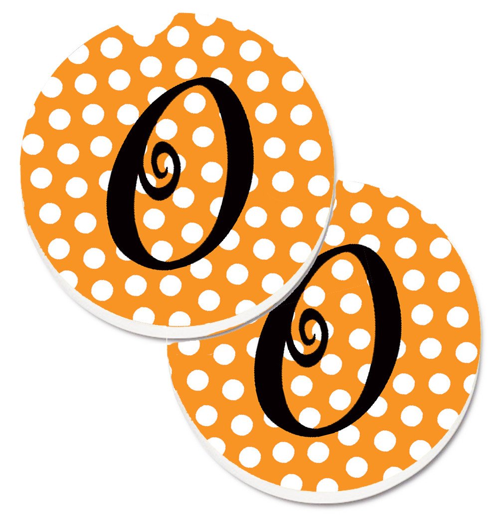 Monogram Initial O Orange Polkadots  Set of 2 Cup Holder Car Coasters CJ1033-OCARC by Caroline&#39;s Treasures