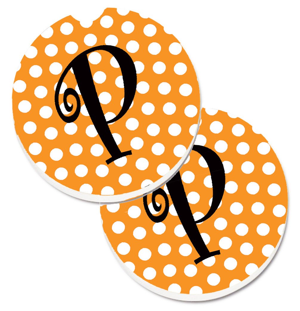Monogram Initial P Orange Polkadots  Set of 2 Cup Holder Car Coasters CJ1033-PCARC by Caroline&#39;s Treasures