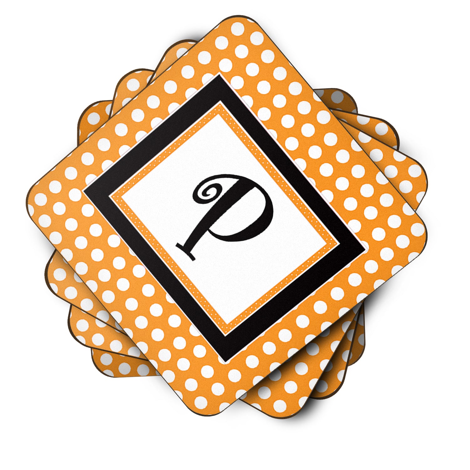 Set of 4 Monogram - Orange Polkadots Foam Coasters Initial Letter P - the-store.com