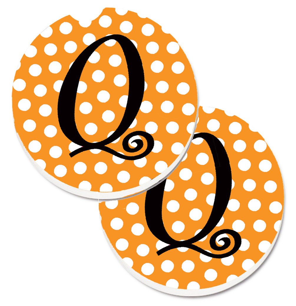 Monogram Initial Q Orange Polkadots  Set of 2 Cup Holder Car Coasters CJ1033-QCARC by Caroline&#39;s Treasures
