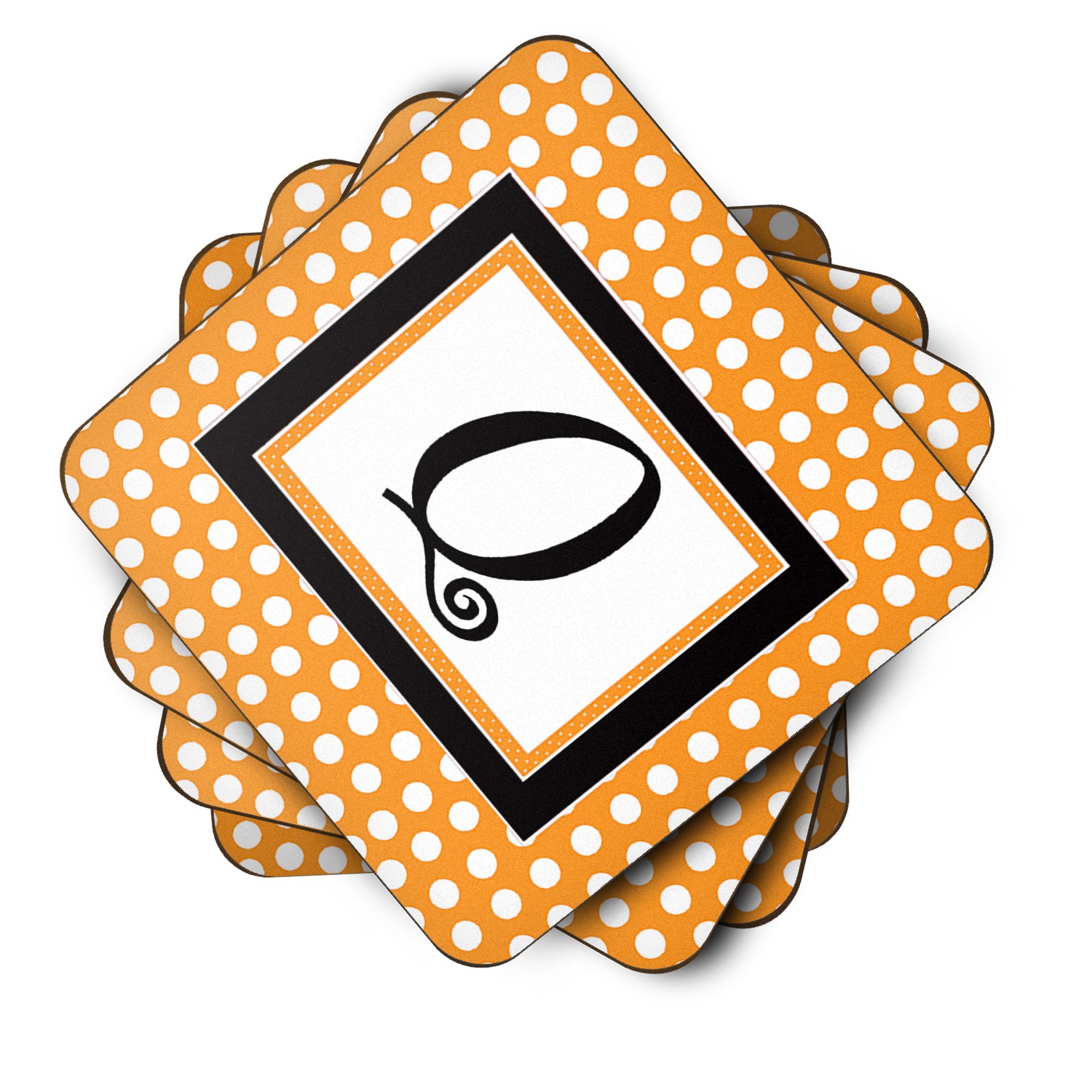 Set of 4 Monogram - Orange Polkadots Foam Coasters Initial Letter Q - the-store.com