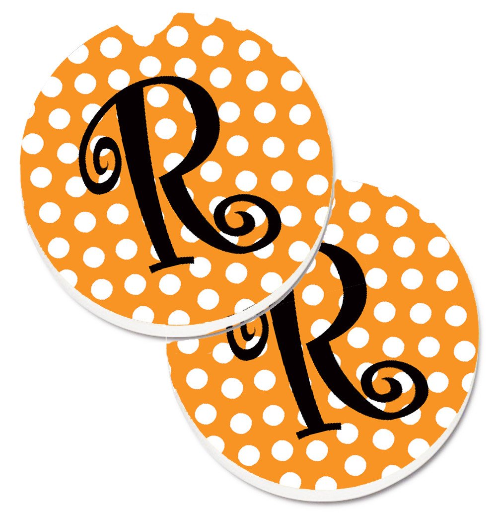 Monogram Initial R Orange Polkadots  Set of 2 Cup Holder Car Coasters CJ1033-RCARC by Caroline&#39;s Treasures