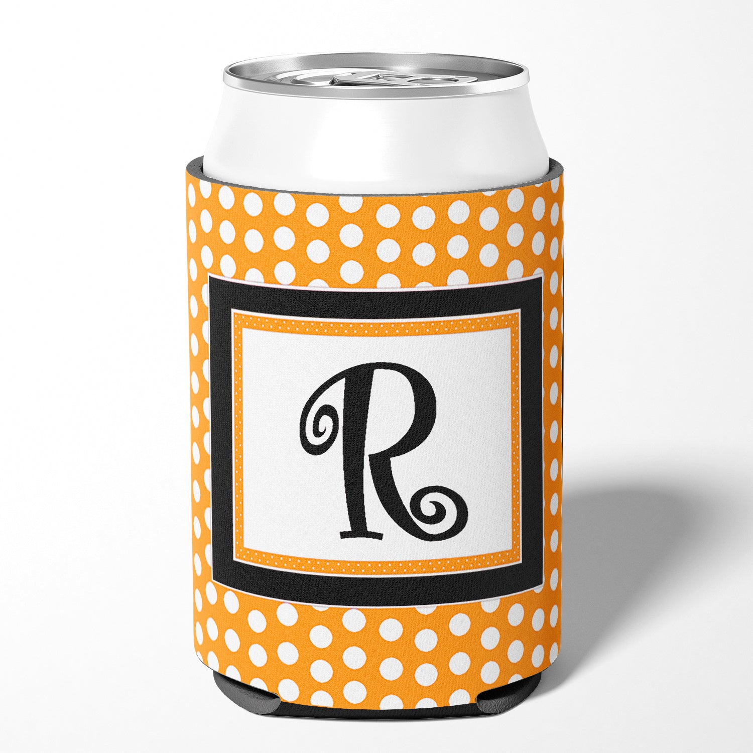 Letter R Initial Monogram - Orange Polkadots Can or Bottle Beverage Insulator Hugger.