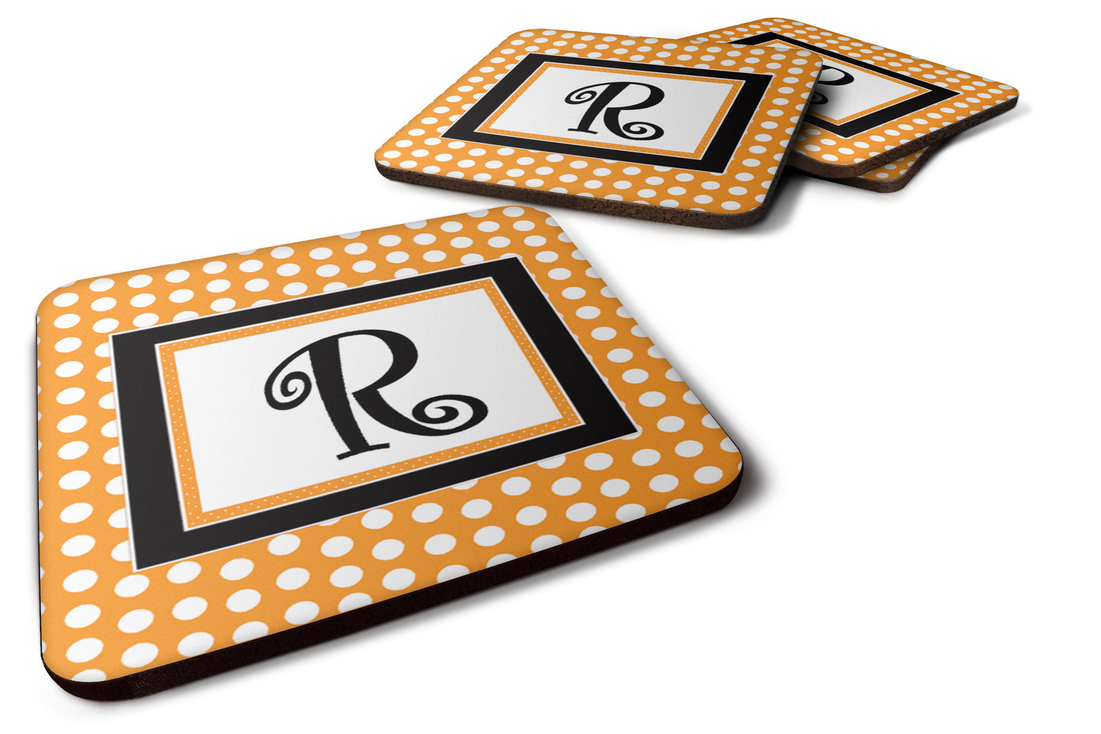 Set of 4 Monogram - Orange Polkadots Foam Coasters Initial Letter R - the-store.com
