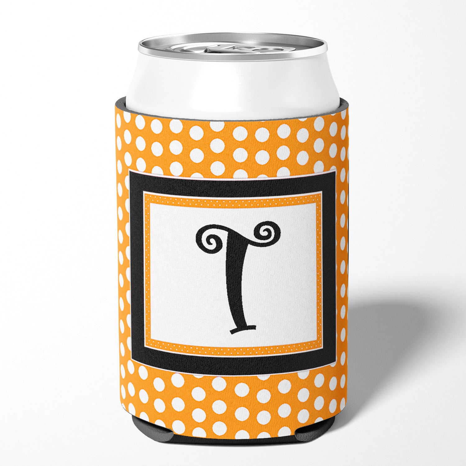 Letter T Initial Monogram - Orange Polkadots Can or Bottle Beverage Insulator Hugger