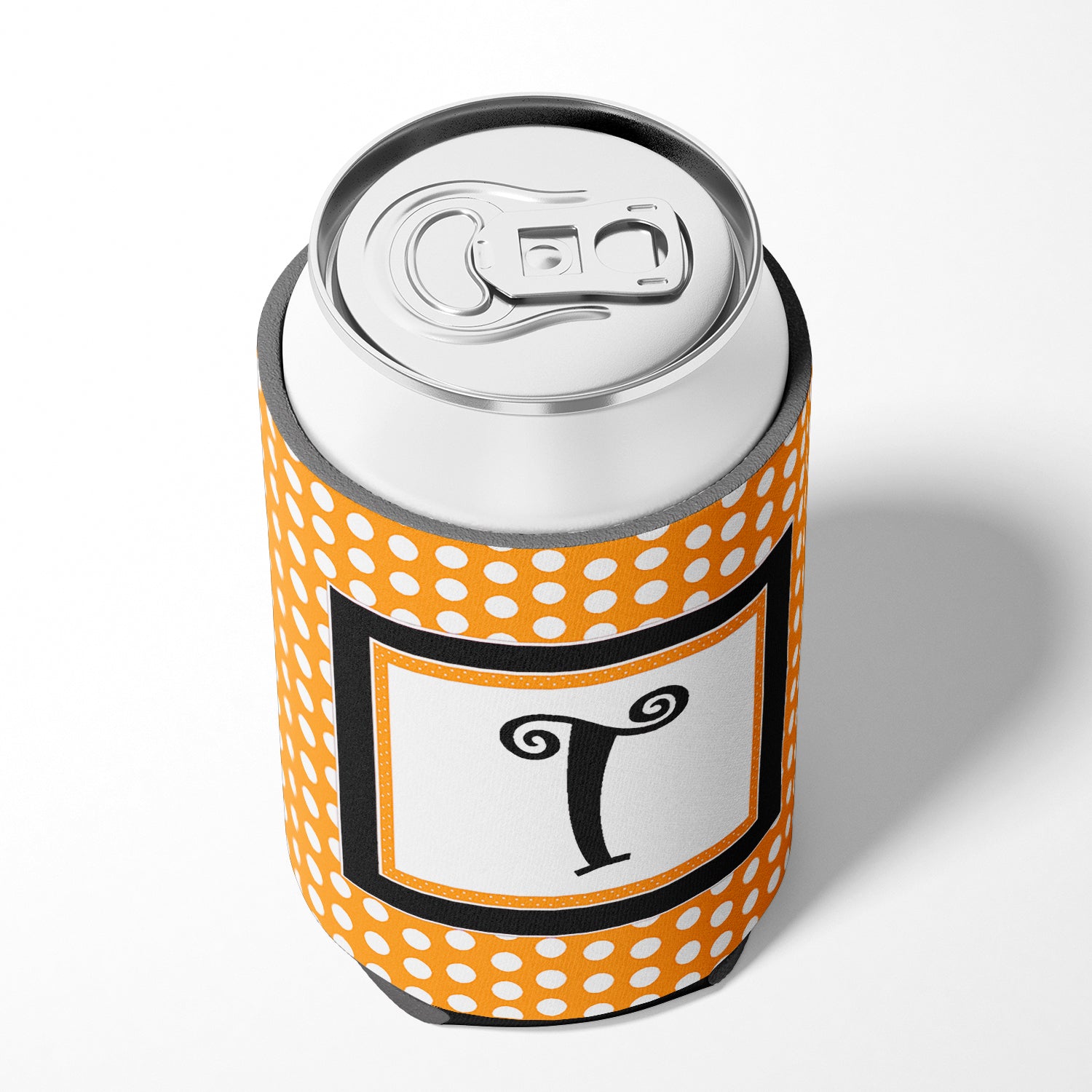 Letter T Initial Monogram - Orange Polkadots Can or Bottle Beverage Insulator Hugger.