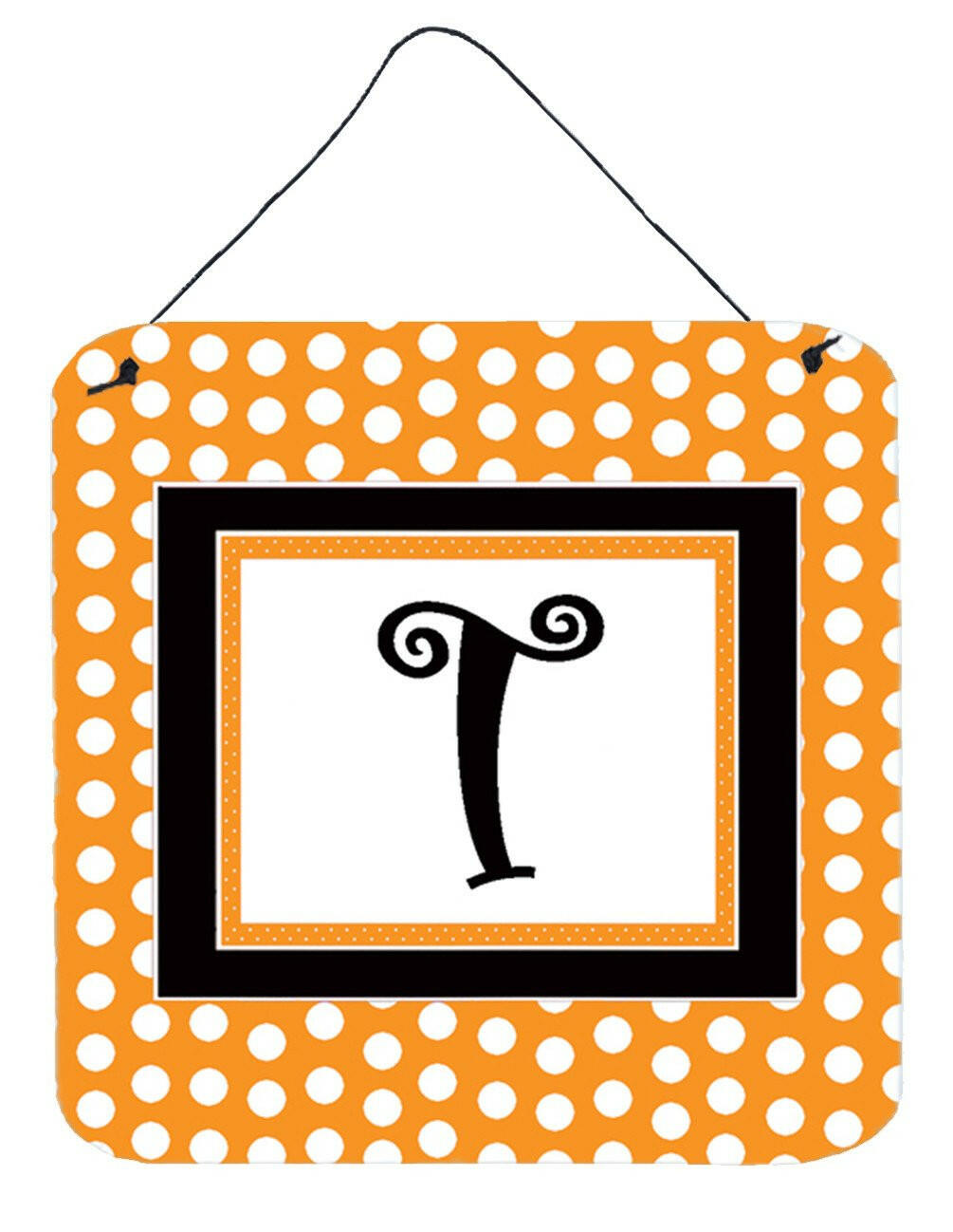 Letter T Initial Monogram - Orange Polkadots Wall or Door Hanging Prints by Caroline&#39;s Treasures
