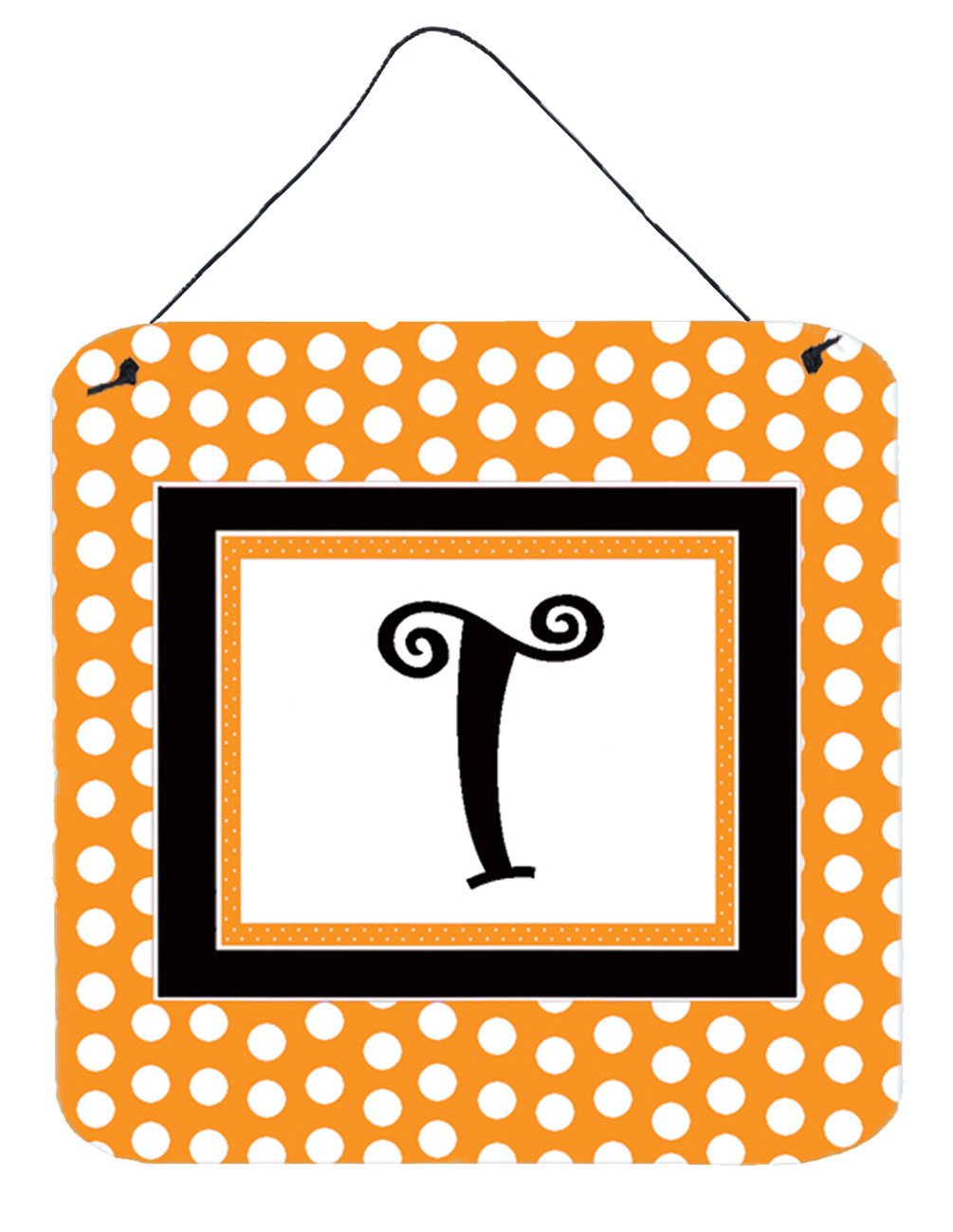 Letter T Initial Monogram - Orange Polkadots Wall or Door Hanging Prints by Caroline's Treasures