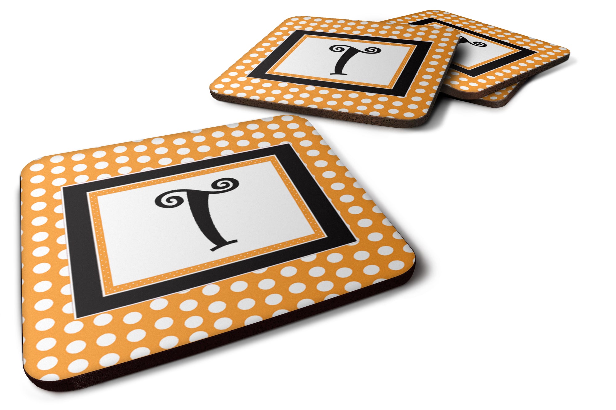 Set of 4 Monogram - Orange Polkadots Foam Coasters Initial Letter T - the-store.com
