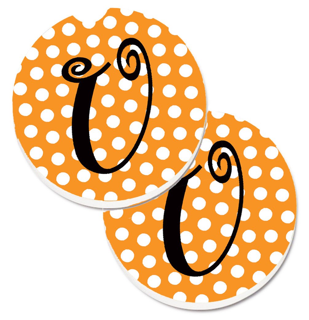 Monogram Initial U Orange Polkadots  Set of 2 Cup Holder Car Coasters CJ1033-UCARC by Caroline&#39;s Treasures