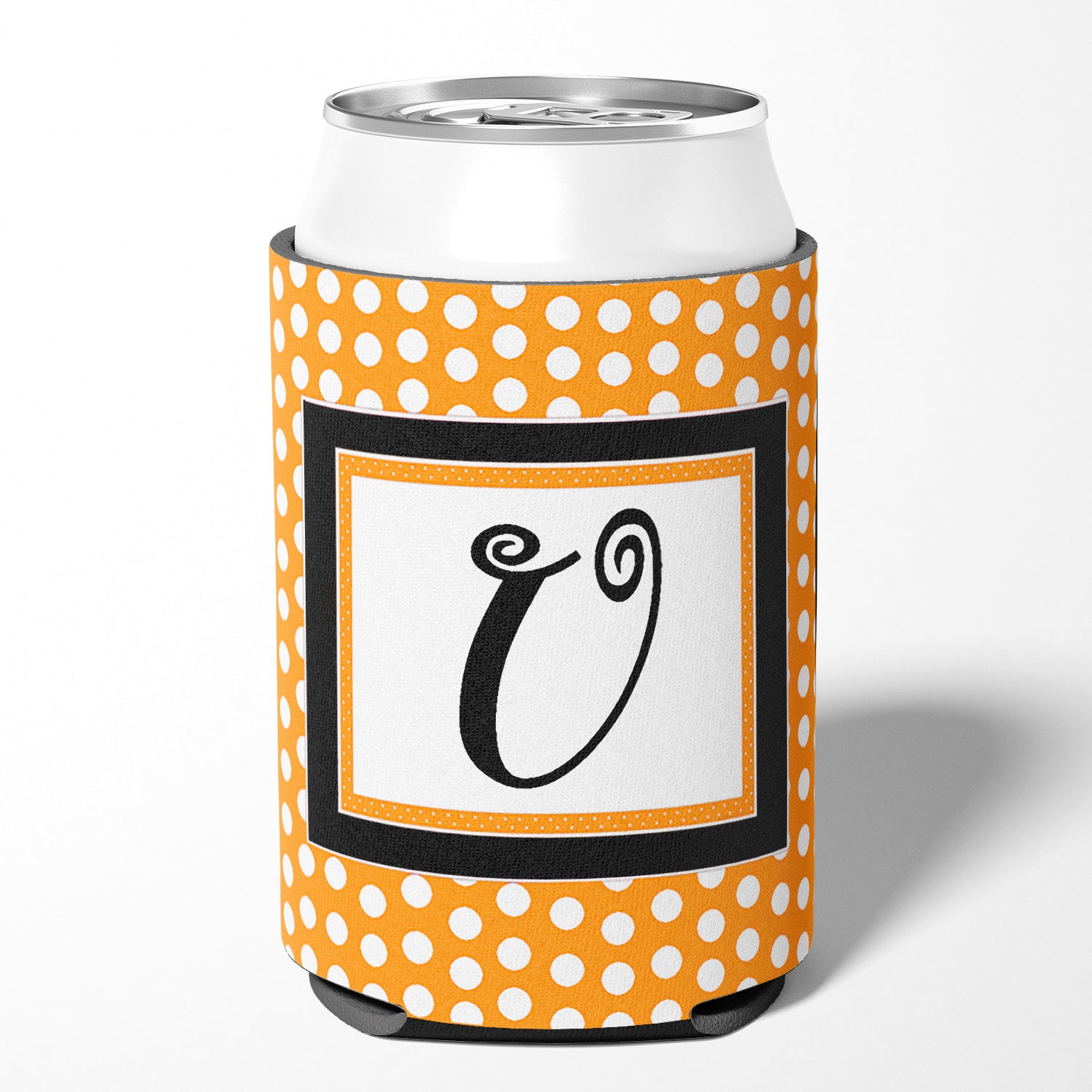 Letter U Initial Monogram - Orange Polkadots Can or Bottle Beverage Insulator Hugger.
