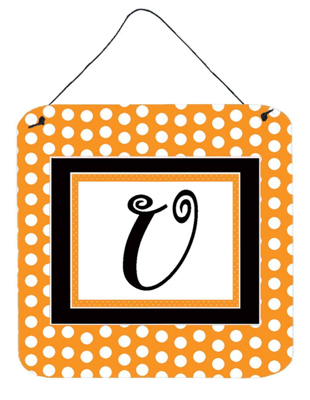 Letter U Initial Monogram - Orange Polkadots Wall or Door Hanging Prints by Caroline's Treasures