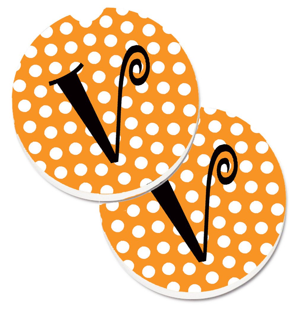Monogram Initial V Orange Polkadots  Set of 2 Cup Holder Car Coasters CJ1033-VCARC by Caroline&#39;s Treasures