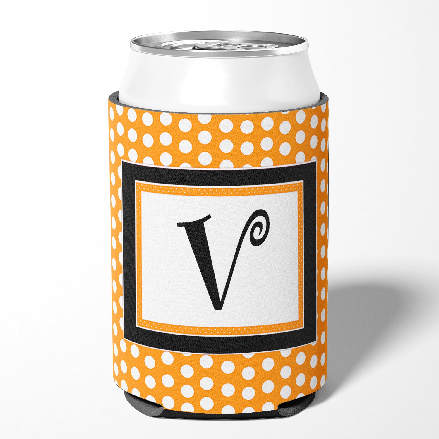 Letter V Initial Monogram - Orange Polkadots Can or Bottle Beverage Insulator Hugger