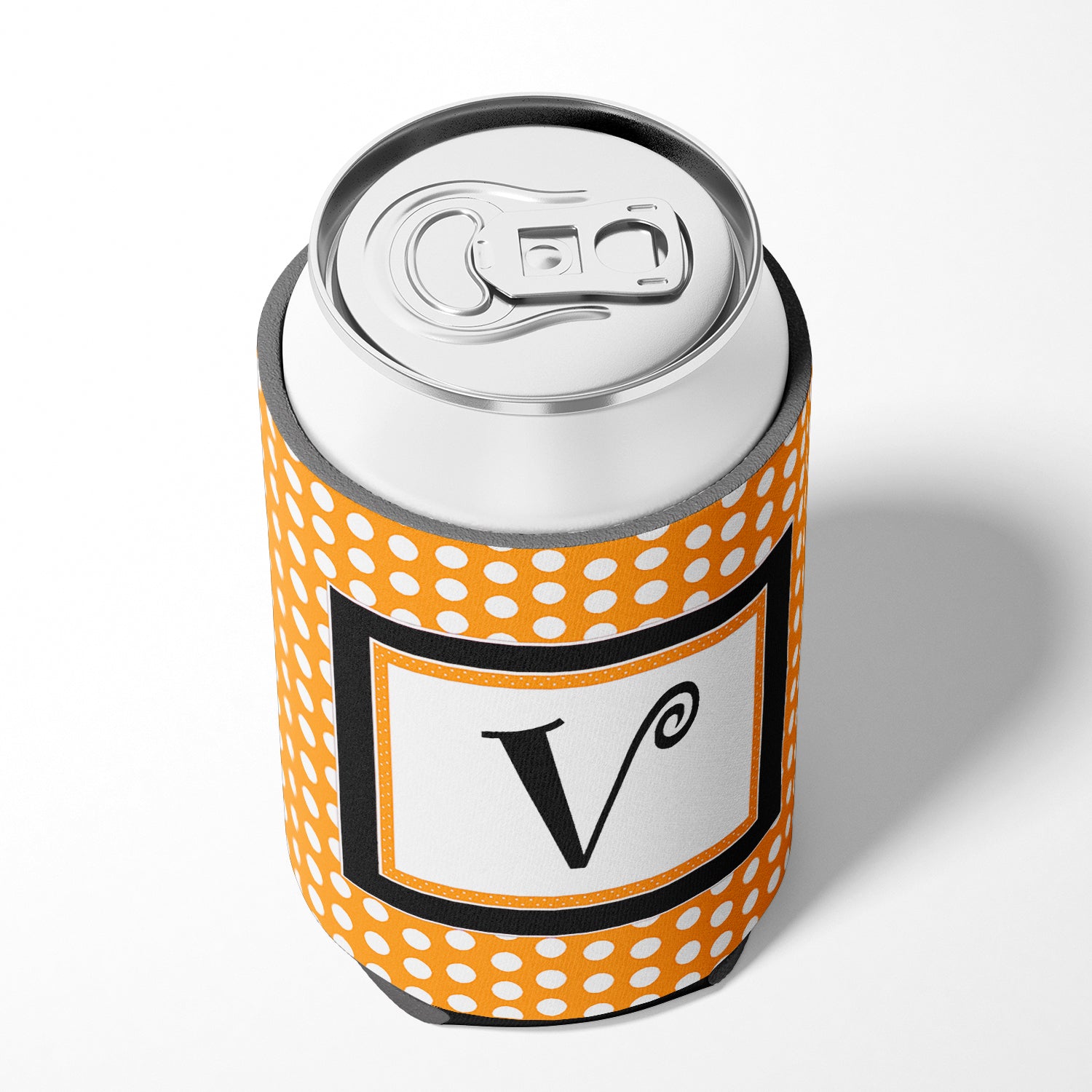 Letter V Initial Monogram - Orange Polkadots Can or Bottle Beverage Insulator Hugger.