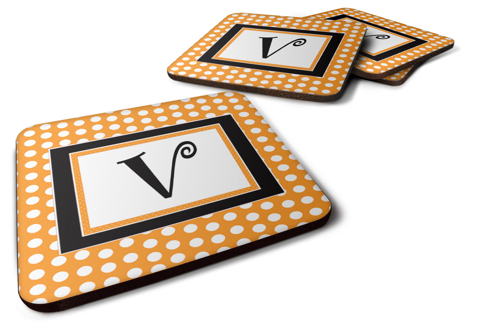 Set of 4 Monogram - Orange Polkadots Foam Coasters Initial Letter V - the-store.com