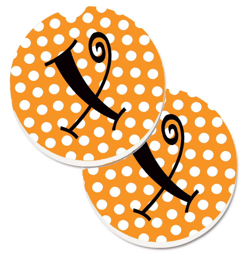 Monogram Initial X Orange Polkadots  Set of 2 Cup Holder Car Coasters CJ1033-XCARC by Caroline&#39;s Treasures