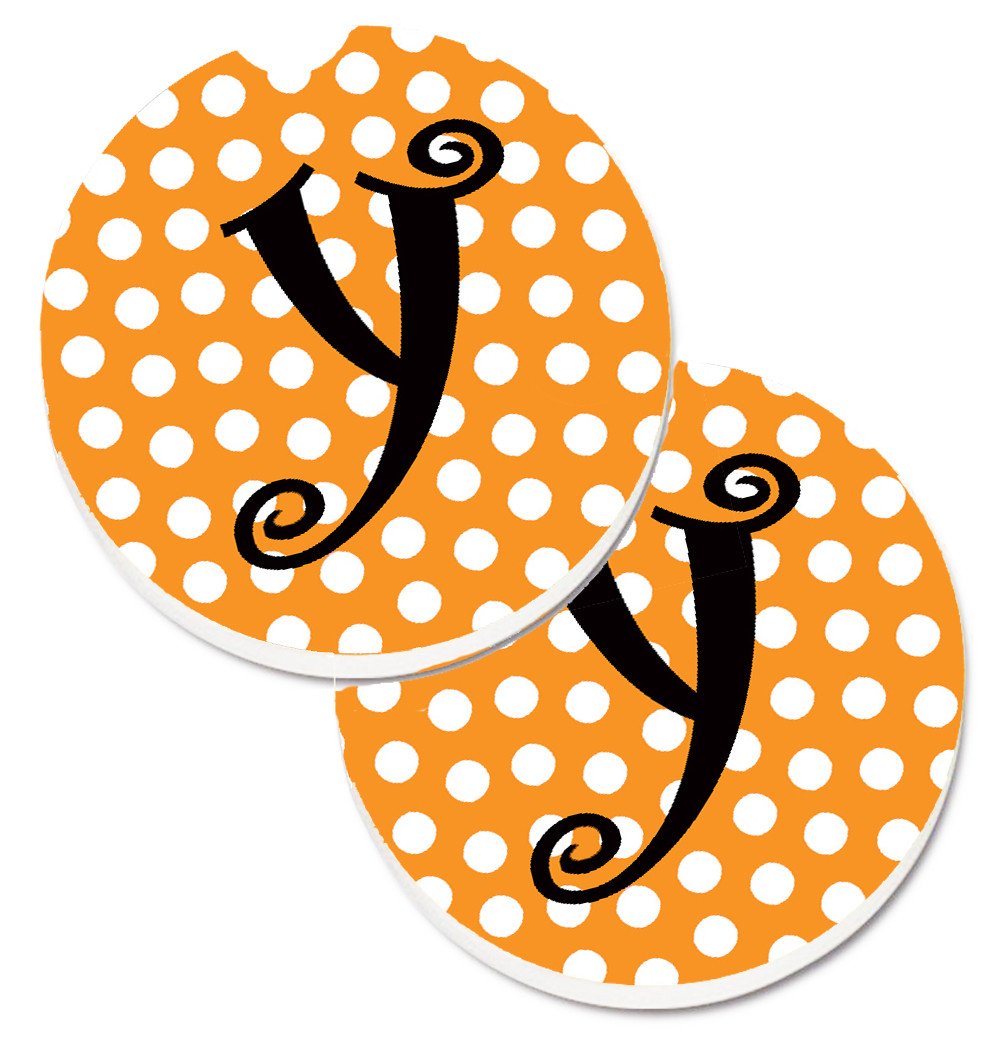 Monogram Initial Y Orange Polkadots  Set of 2 Cup Holder Car Coasters CJ1033-YCARC by Caroline&#39;s Treasures