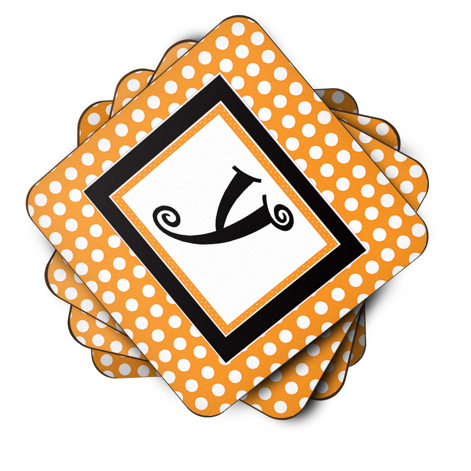 Set of 4 Monogram - Orange Polkadots Foam Coasters Initial Letter Y - the-store.com