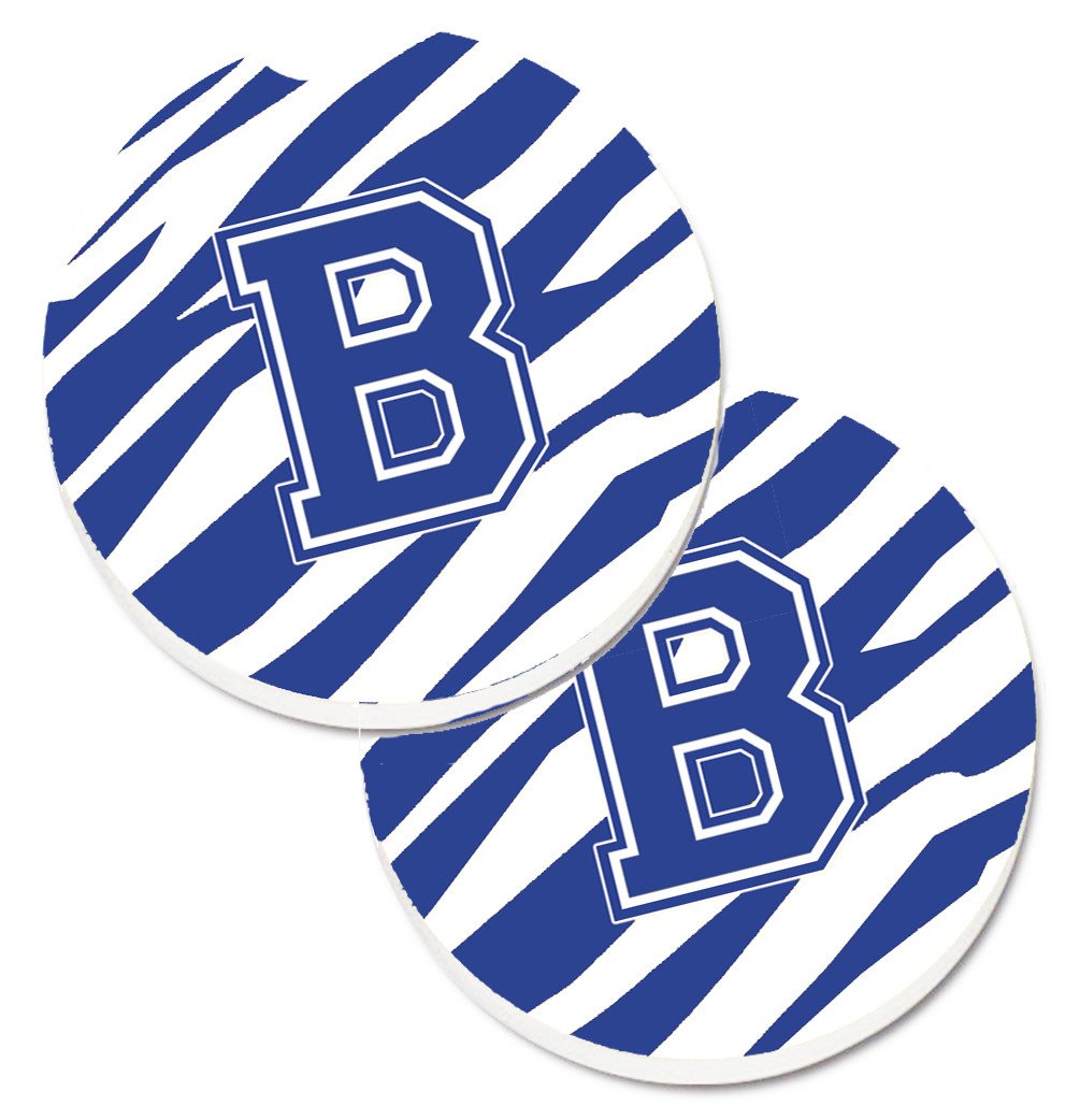 Monogram Initial B Tiger Stripe Blue and White Set of 2 Cup Holder Car Coasters CJ1034-BCARC by Caroline&#39;s Treasures