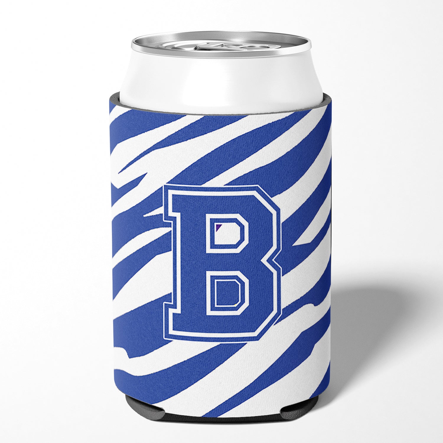 Letter B Initial Monogram - Tiger Stripe Blue and White Can Beverage Insulator Hugger.