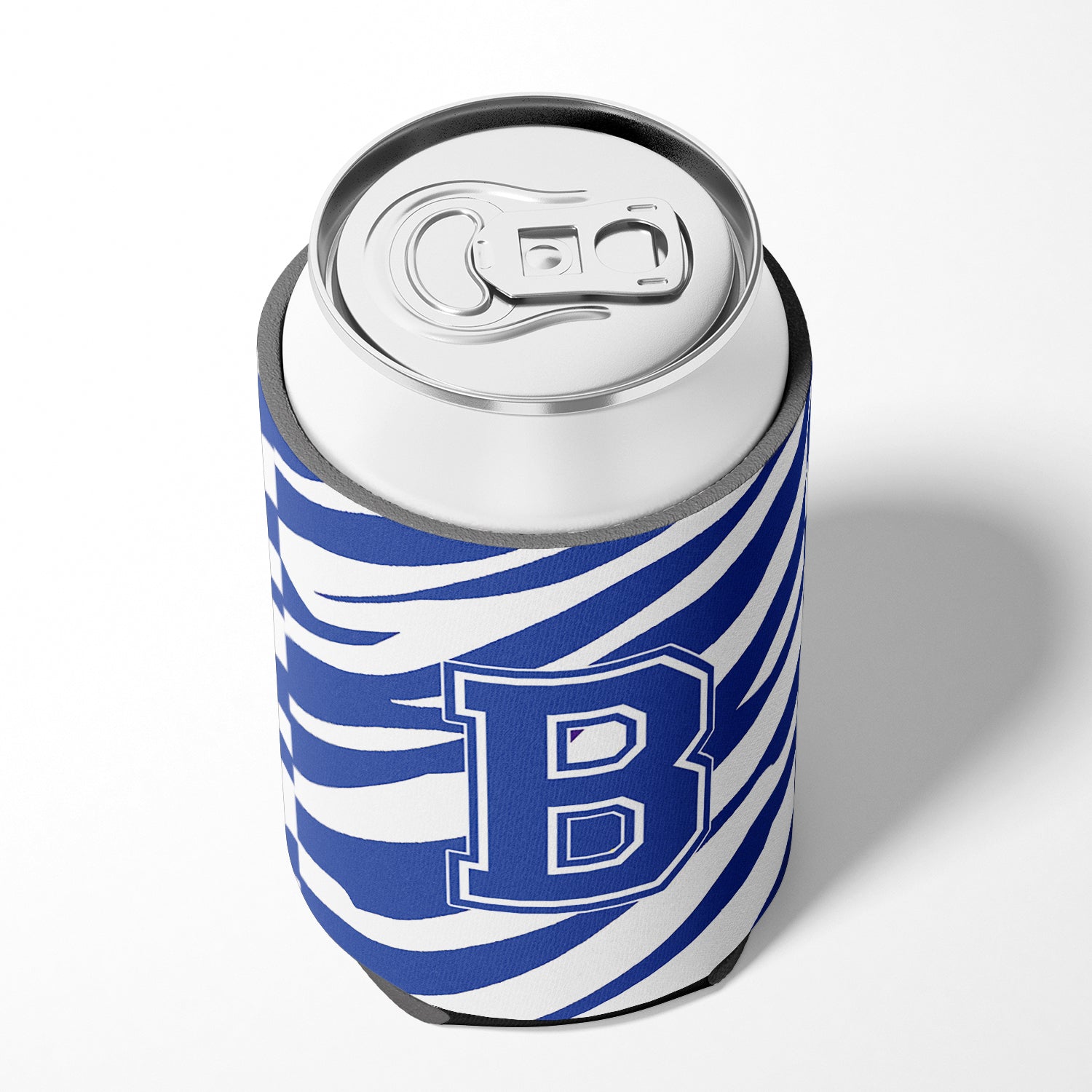 Letter B Initial Monogram - Tiger Stripe Blue and White Can Beverage Insulator Hugger.