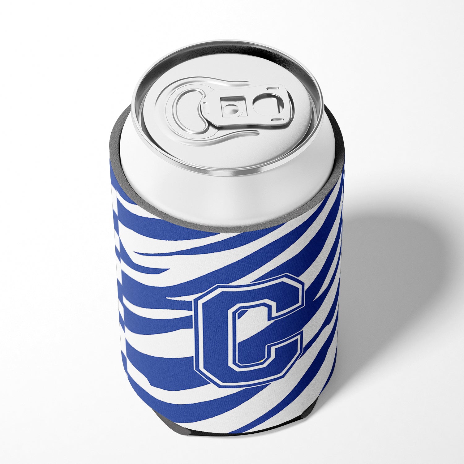 Letter C Initial Monogram - Tiger Stripe Blue and White Can Beverage Insulator Hugger.