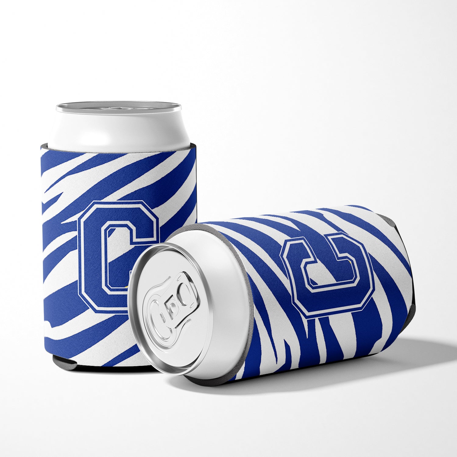 Letter C Initial Monogram - Tiger Stripe Blue and White Can Beverage Insulator Hugger
