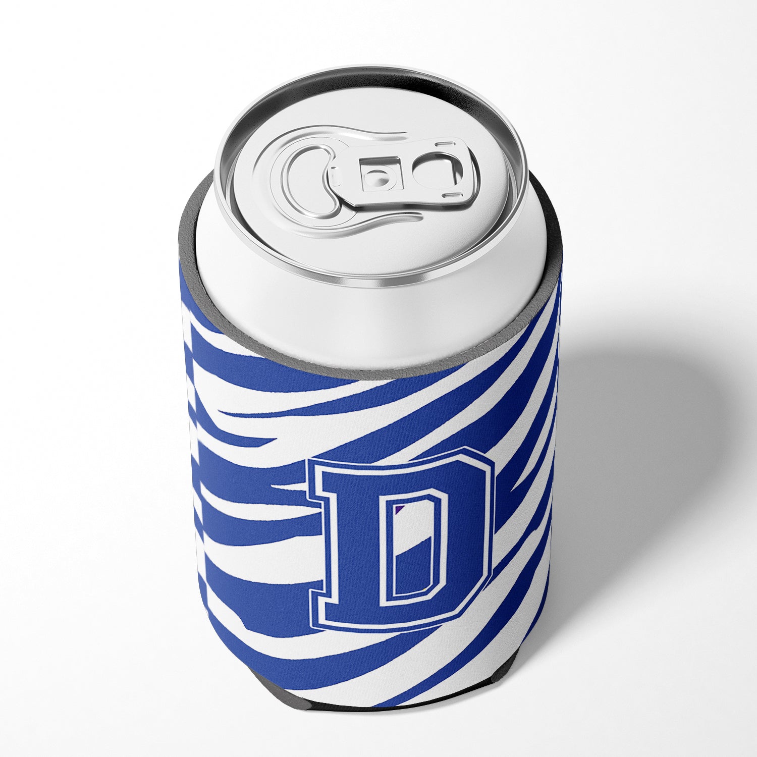 Letter D Initial Monogram - Tiger Stripe Blue and White Can Beverage Insulator Hugger.