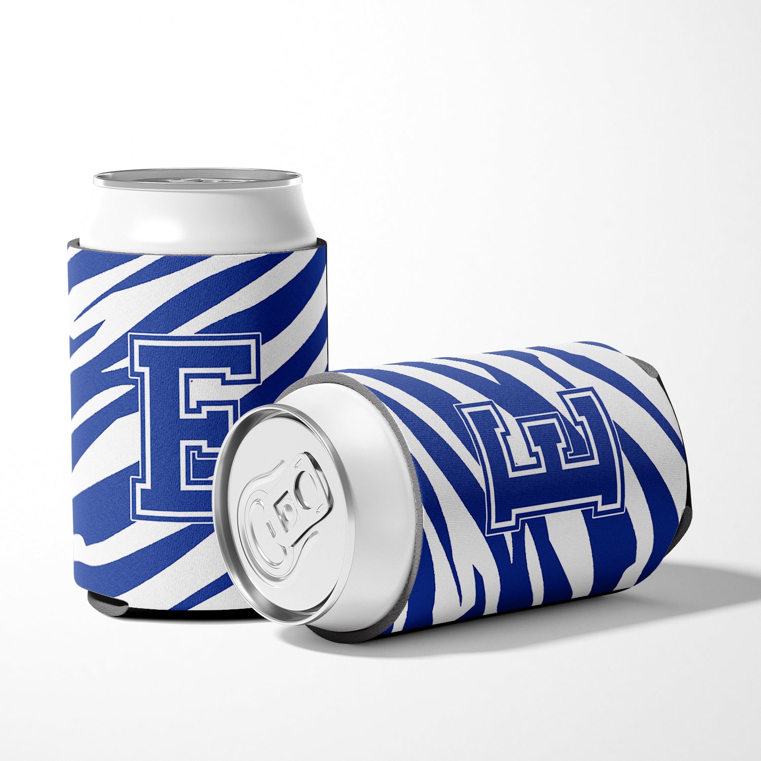 Letter E Initial Monogram - Tiger Stripe Blue and White Can Beverage Insulator Hugger.