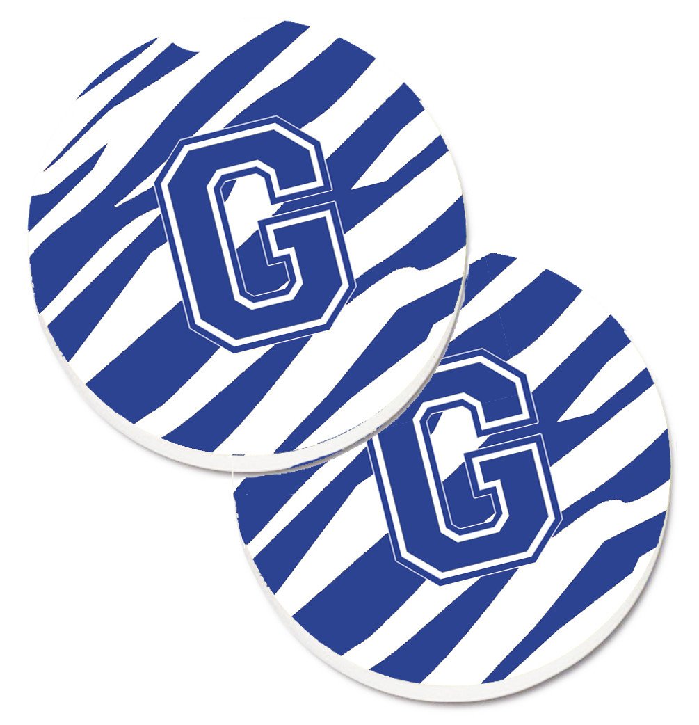 Monogram Initial G Tiger Stripe Blue and White Set of 2 Cup Holder Car Coasters CJ1034-GCARC by Caroline&#39;s Treasures