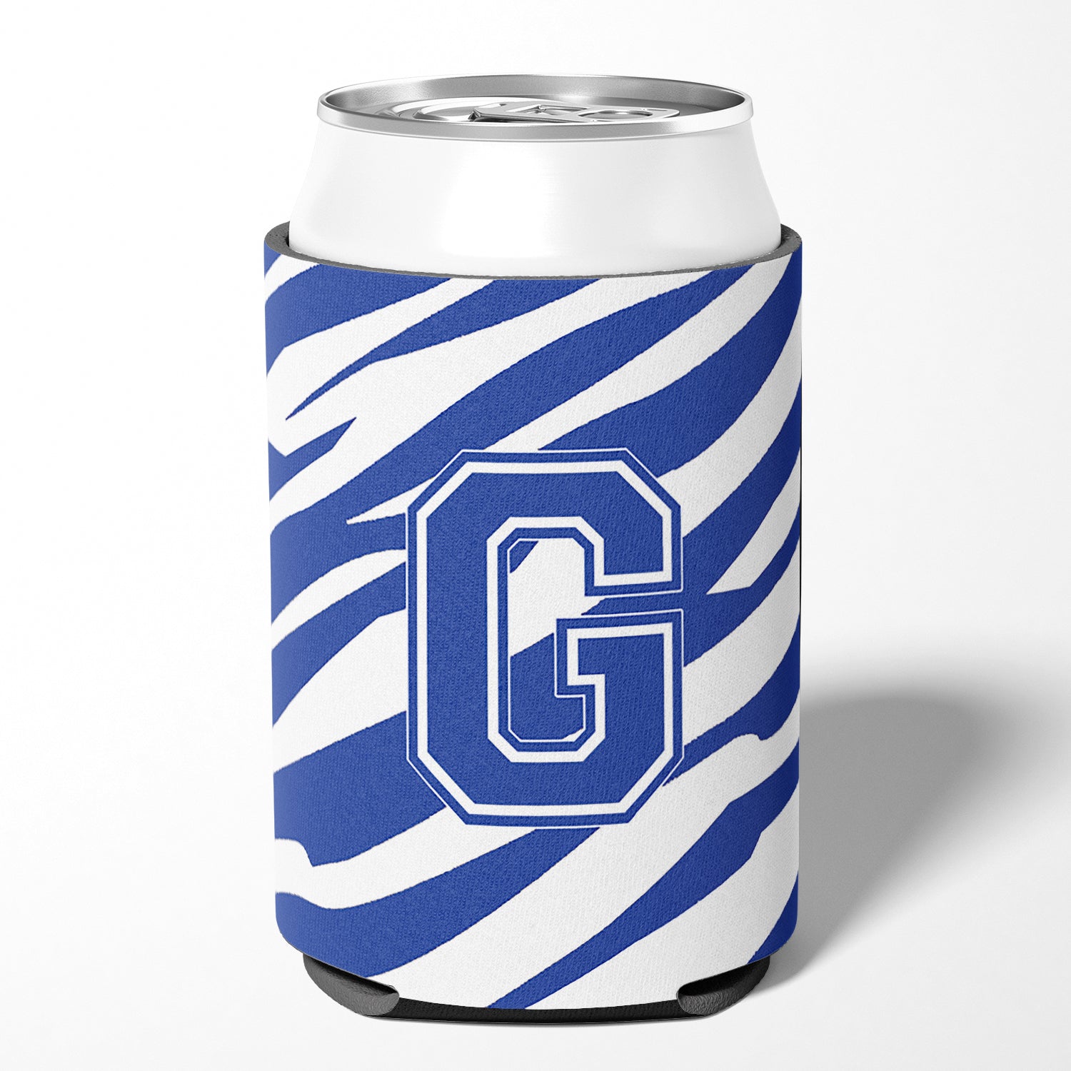 Letter G Initial Monogram - Tiger Stripe Blue and White Can Beverage Insulator Hugger