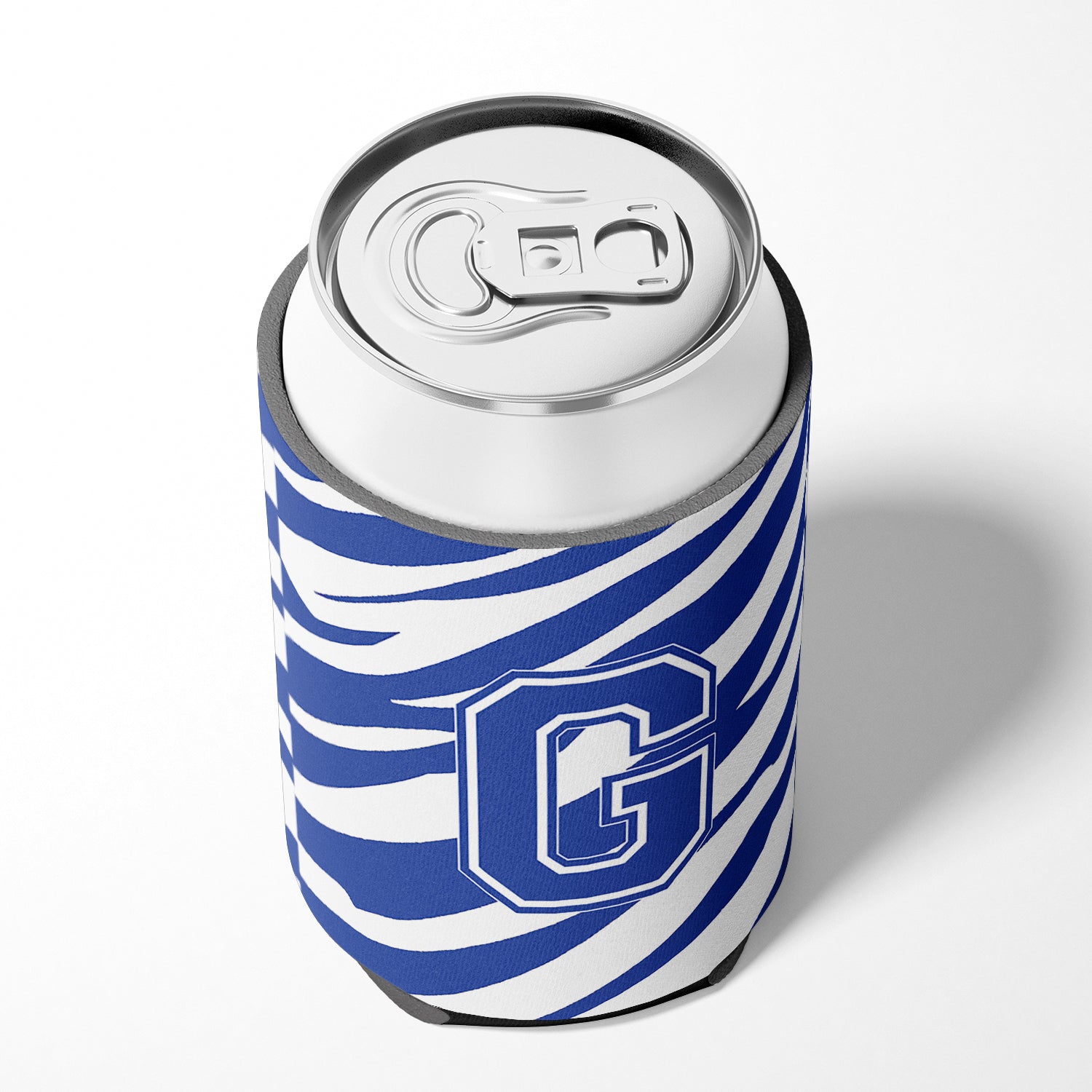 Letter G Initial Monogram - Tiger Stripe Blue and White Can Beverage Insulator Hugger.