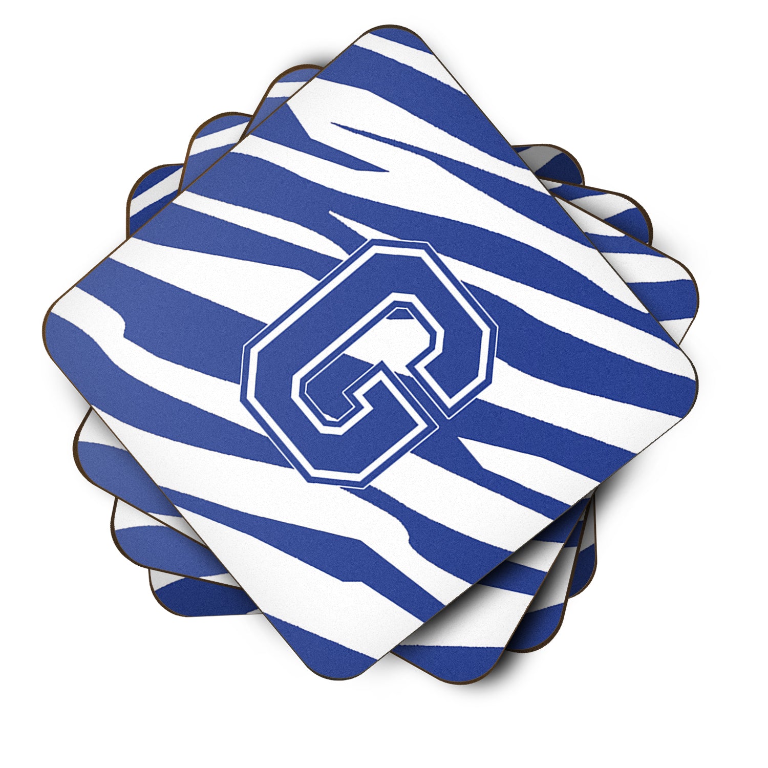 Set of 4 Monogram - Tiger Stripe Blue and White Foam Coasters Initial Letter G - the-store.com
