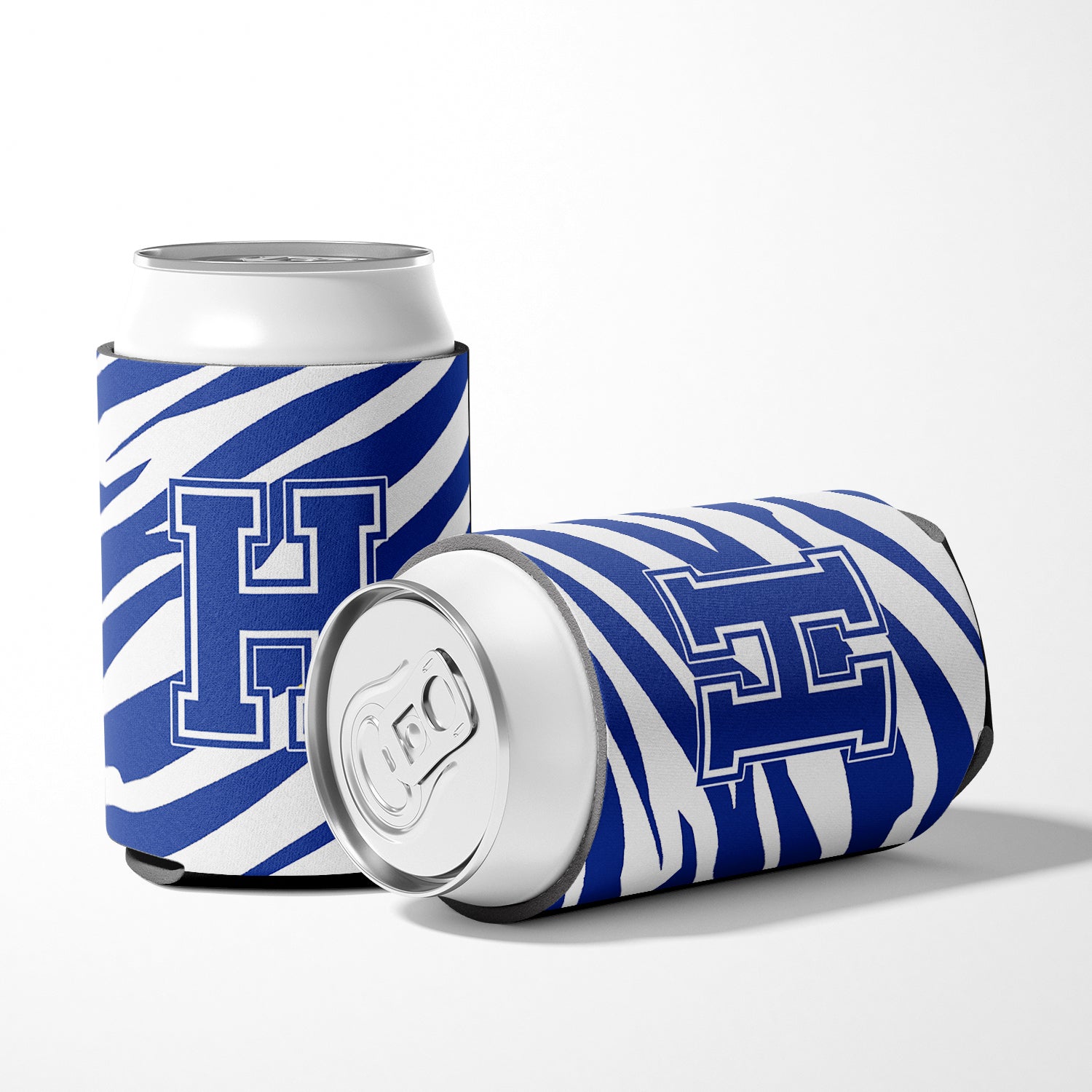 Letter H Initial Monogram - Tiger Stripe Blue and White Can Beverage Insulator Hugger.
