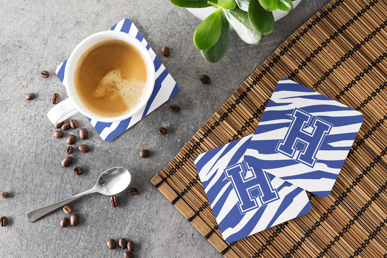 Set of 4 Monogram - Tiger Stripe Blue and White Foam Coasters Initial Letter H - the-store.com