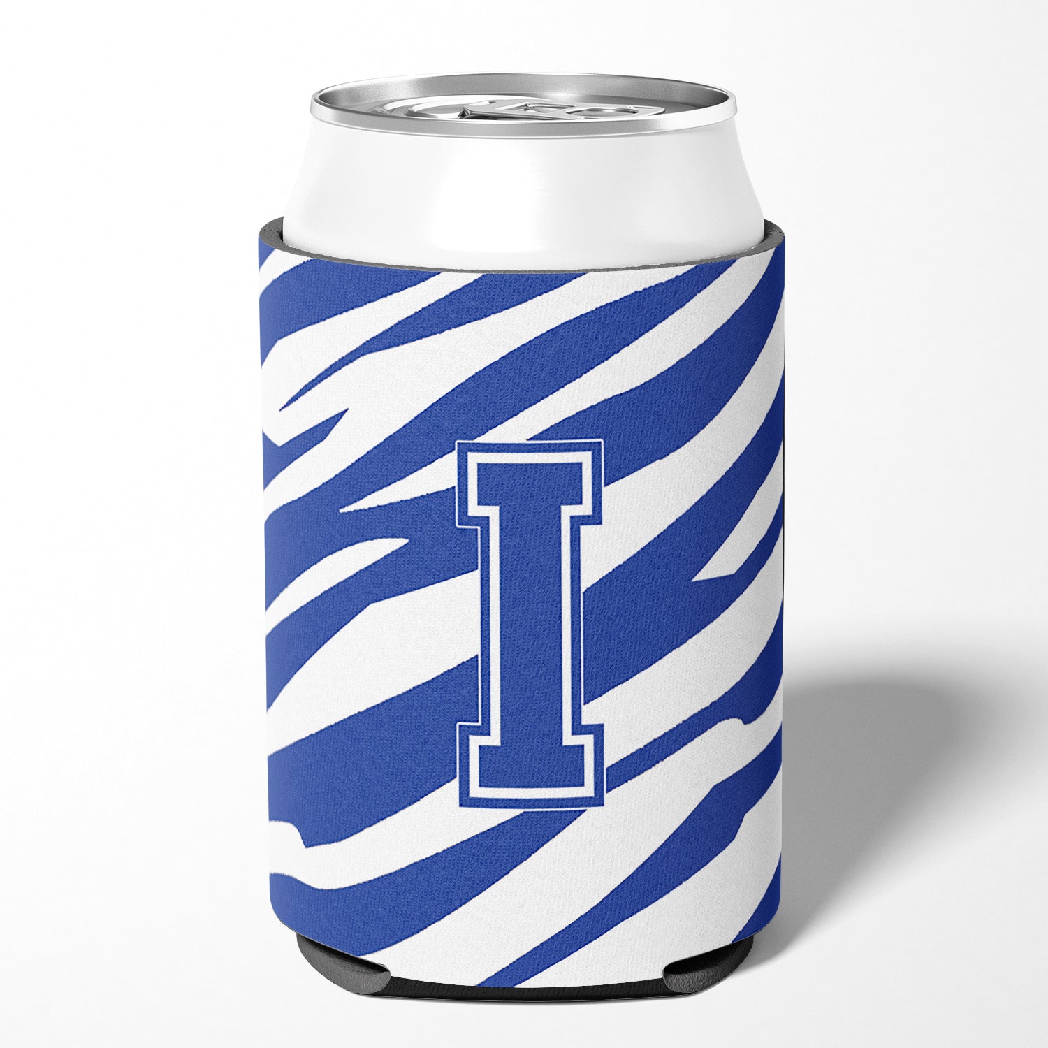 Lettre I Initial Monogram - Tiger Stripe Blue and White Can Beverage Insulator Hugger