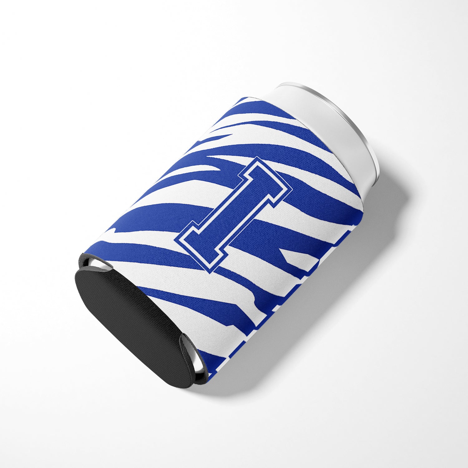 Lettre I Initial Monogram - Tiger Stripe Blue and White Can Beverage Insulator Hugger