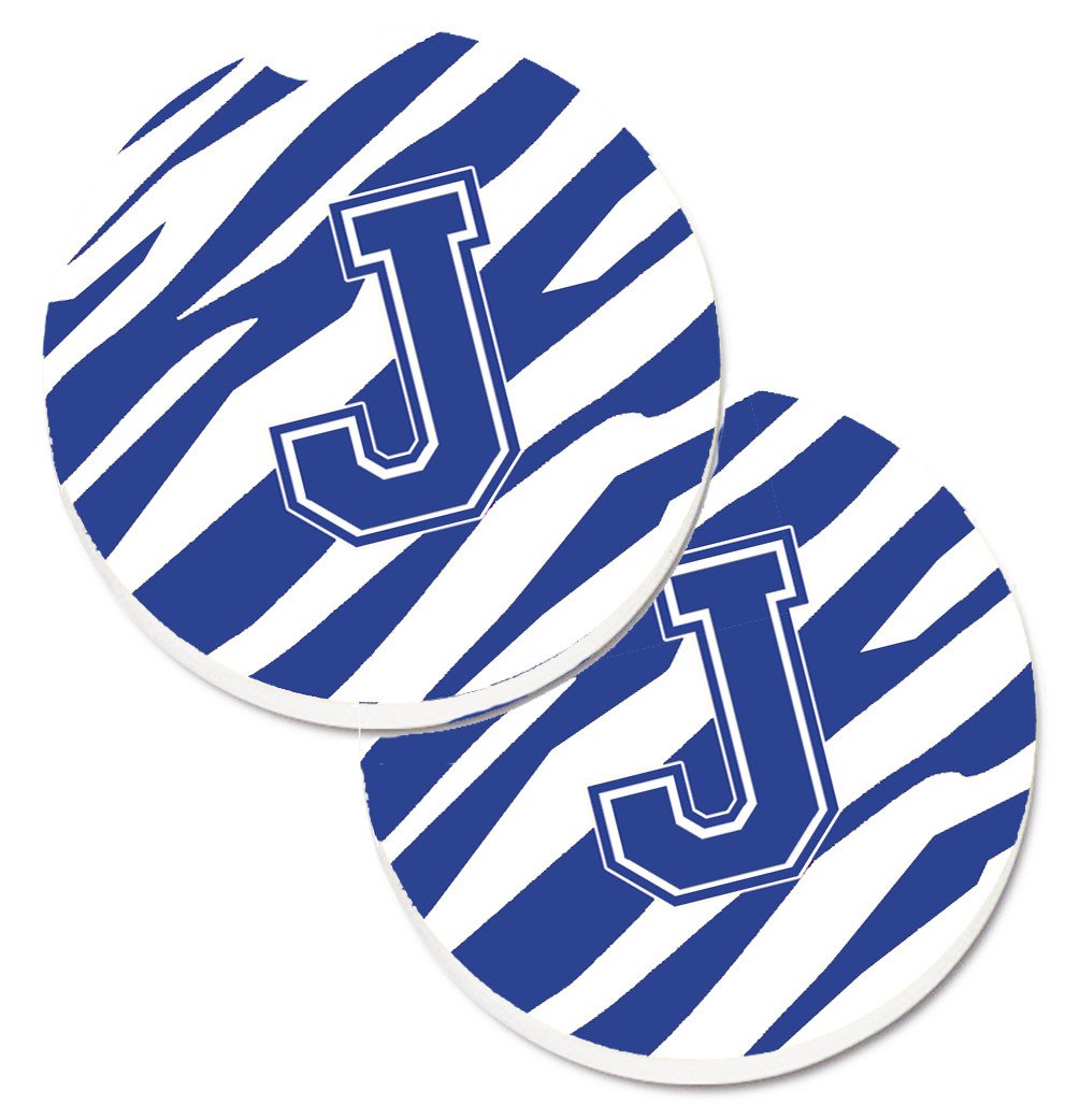 Monogram Initial J Tiger Stripe Blue and White Set of 2 Cup Holder Car Coasters CJ1034-JCARC by Caroline&#39;s Treasures