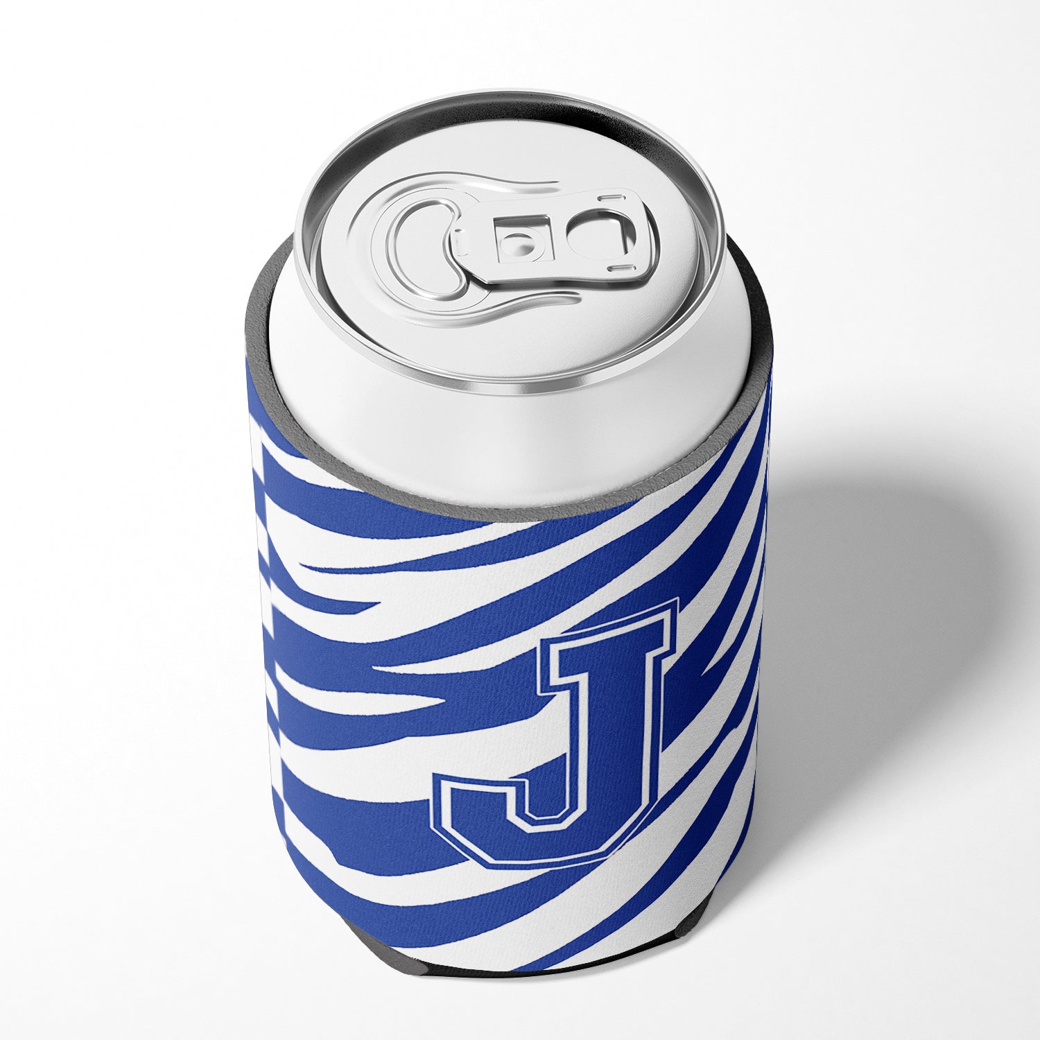 Letter J Initial Monogram - Tiger Stripe Blue and White Can Beverage Insulator Hugger